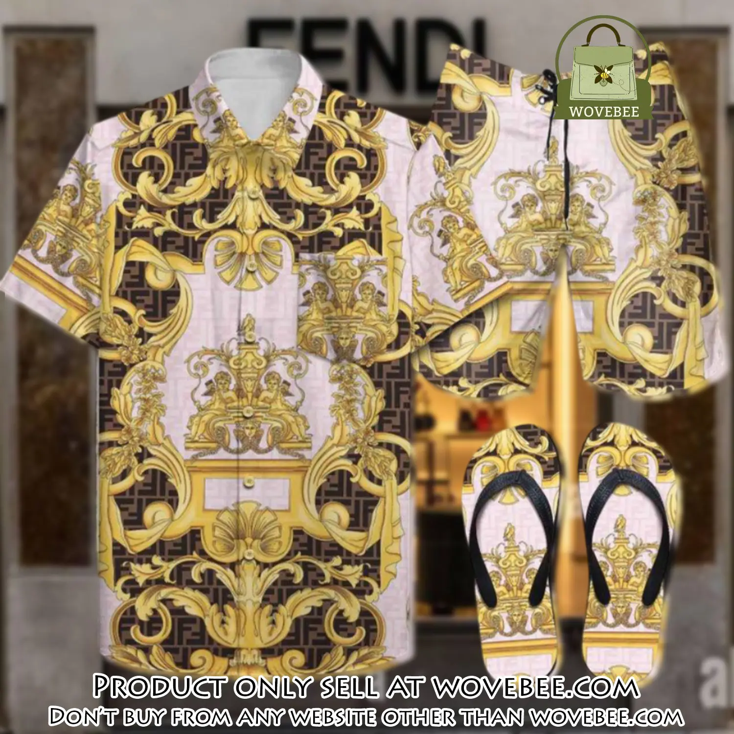 Fendi summer outfitsace flip flops and combo hawaii shirt shorts luxury brand summer outfit hsf318 wvb0451082